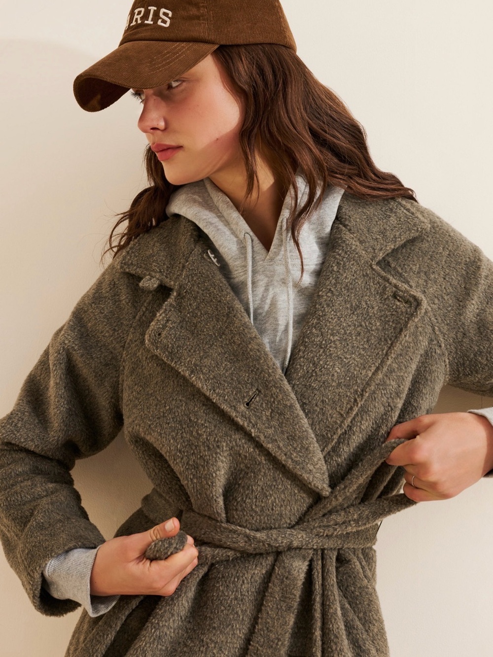 Wool-Blend Belted Wrap Coat - Olive Gray